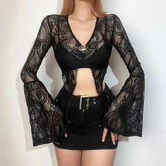 Hnewly Sexy See Through Mesh Women Blouse Fashion Gothic V Neck Flare Sleeve Sunscreen Cardigan Y2K Summer Hot Girls Lace Crop Tops