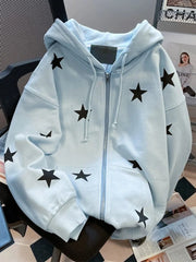 Hnewly Stars Print Hoodies Women Vintage Streetwear Long Sleeve Loos Blue Sweatshirts Casual Pockets Lace Up American Fall Tops