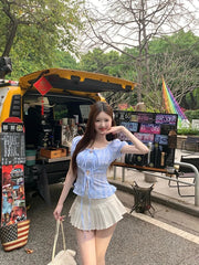 Hnewly Blouse Women Sweet Elegant Plaid Lace Patchwork Bandage Puff Short Sleeve Crop Tops Square Collar Female Casual Shirts