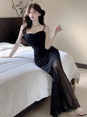 Hnewly Women Dresses Sleeveless Mesh Patchwork Elegant Slash Neck Sexy Fashion Mermaid Dress Party Female French Style