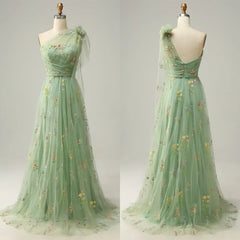 Lunivop High Quality One Shoulder Green Tulle Pleat Appliques Flowers Sleeveless Elegant Dress Women for Wedding Party