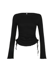 Hnewly Black Solid Ribbed O Neck Slim Long Sleeve Basic Long Sleeve T Shirt Women Side Shirring Lace-Up Chic Fashion Elegant Simple Tee