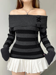 Hnewly Off Shoulder Slim Knitted Stripe Jumper Women Lace-Up Slash Neck Long Sleeve Sweater Tee Korean Fashion Street Knittwear