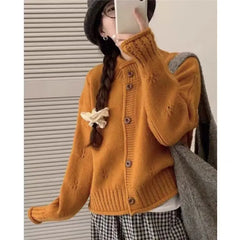 Hnewly Women's Knit Cardigan Sweater Button-up Stand Collare Soft Woolen Pointelle Sweater Jacket Coat Korean Autumn Winter Outfit