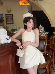 Hnewly Romantic Ruffle Puffy Mini Dress Women Textured Solid Shirring Strappy Open Back Halter One-piece Prom Party Clothes