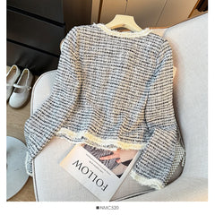 Hnewly Fashion Sweet Tweed Jacket Women 2025 Autumn New Luxury Single-breasted Short Coats O-Neck Long Sleeve Elegant Female Outwear