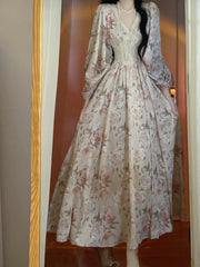 Hnewly Summer French Elegant Floral Midi Dress Beach V-neck Fashion Vestidos Printed Vintage Evening Party Dress Korean Style Chic