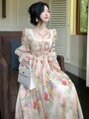 Hnewly Women French Printed Floral Midi Long Dress Summer Square Collar Lantern Sleeve Lace-up Midi Vestidos Elegant One Piece Clothing