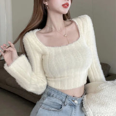 Hnewly Autumn Winter Knitting Crop Tops Women Skinny Sweaters Bottom Shirts Fashion Female Long Sleeve Pullover Casual Knitted Sweater