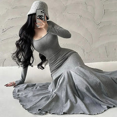 Hnewly Elegant Midi Dresses For Dancing Parties Trumpet 300 Pounds Plus Size Solid Slim Square Collar All-match Woman Clothing New