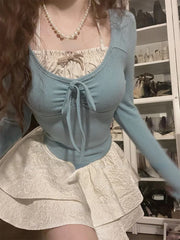 Hnewly new trend inspo Summer Kawaii Sweet Y2k Crop Tops Woman Casual Slim Long Sleeve Blouse Solid Korean Fashion Bodycon Pullover Office Lady