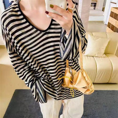 Hnewly FALL OUTFIT Harajuku Y2k Top Black Apricot Striped T-Shirt 2024 Autumn Baggy Casual Long-Sleeved Top Woman Clothes Grunge Korean Fashion