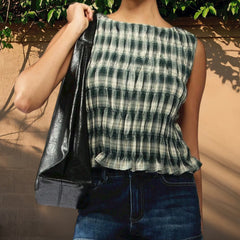 Hnewly Women Tank Tops y2k Clothes Summer Plaid Print Crew Neck Sleeveless Pleated T Shirts Vest Streetwear for Casual Daily
