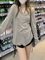 Hnewly Girls Solid Casual Long Sleeved T-shirt Women's Smock Tops Sexy Thin Transparent Tee Shirts Korean Loose T-shirt Streetwear