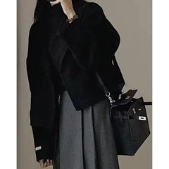 Hnewly Reversible Tweed Jacket Women Fall Elegant Solid Cropped Tops Cardigan Turn Down Collar Vintage Classic Office Lady Outwear