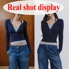 Hnewly Y2K Fake Two Piece T-Shirt Women Fashion Patchwork Aesthetic Crop Tops Female Spring Summer Slim Fit Long Sleeve Tees