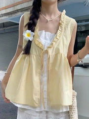 Hnewly Sweet Casual Loose Fake Two Pieces Tops Women Design Fashion Sleeveless Lace Brief T-Shirts Female Elegant Cute Fairy Clothes