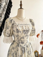 Hnewly New Plus Size Botanical Print Long Dress Woman Square Neck Lace Short Puff Sleeves Slim Party Dresses French Cute Birthday Dress