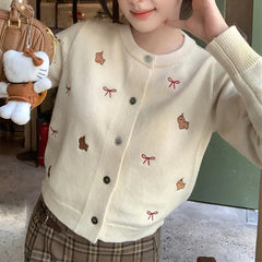 Hnewly Cartoon Embroidery Cardigans Woman Spring Autumn Concise Single Breasted Long Sleeve Sweater Women O-Neck Short Coat Mujer