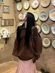 Hnewly Sexy Vintage Grey Sweaters Women Off Shoulder Korean Style Jumper Elegant Slash Neck Harajuku Long Sleeve Pullovers