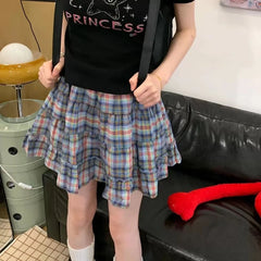 Hnewly Plaid Skirt Women Mini Skirt Japanese Style Ruffle Layered Short Skirts Cute Streetwear Vintage Harajuku Preppy Skirt