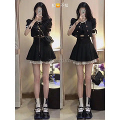 Hnewly 2025 summer inspo Korea Japanese Summer New Black Jk Uniform Girl Double Breasted A-line Pleated Skirt Set Improved School Uniform Set