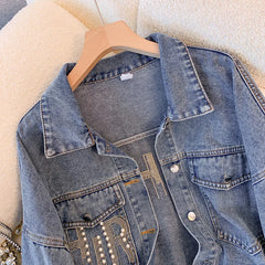 Hnewly Nail Bead Denim Jacket For Women's Spring Autumn 2025 New Style Loose Versatile Long Sleeved Turndown Collar Coat Top