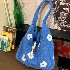 Hnewly New Floral Plush Underarm Bag Ladies Cute Flower Shoulder Bag Women Furry Purse Fluffy Tote Bag for Autumn and Winter