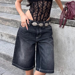 Hnewly Y2k Bermuda Denim Shorts Low Waist Loose Fit Baggy Jorts with Pockets Summer Vintage Wide Leg Jeans Cyber Grunge Streetwear
