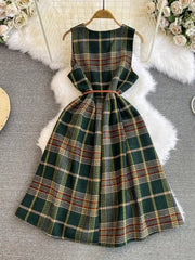 Hnewly Autumn Winter Plaid Woolen Dress Women Vintage V Neck Sleeveless Long Dress With Belt Streetwear Sundress