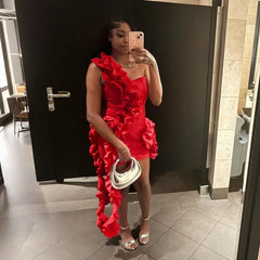 Hnewly Ruffle Party Red Dress Mini Evening Club Wear Dresses Women Sexy Bodycon Elegant Cocktail Sleeveless Dress