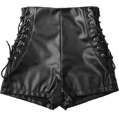 Hnewly Sexy Black PU Fashion Casual Summer Shorts Women Faux Leather Lace Up Goth Club High Waist Shorts Y2K Slim Short Pants Ecoparty