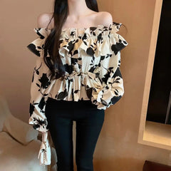 Hnewly Blouses Women New Arrival Spring French Style Slash Neck Ruffles Floral All-match Ladies Sexy Sweet Ins College Skinny Clothing