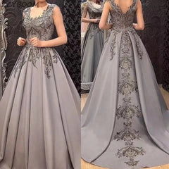 Hnewly Gray A-Line Evening Dresses New Women Formal Party Night Vestido De Gala Elegant Sleeveless Appliques Lace Long Prom Gowns