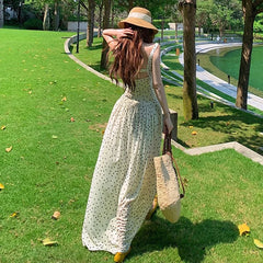 Hnewly Elegant French Style White Polka Dot Strap Dress Women's Summer New Beach Vacation High-End Feeling Long Dress