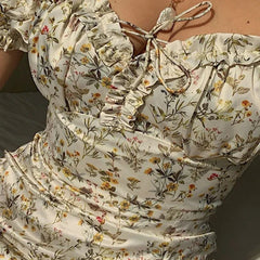 Hnewly Summer Floral Off Shoulder Puff Sleeve Maxi Dress for Woman Sexy Lace Up Side Split Black Dresses Chic Mid-Calf Aesthetic Dress