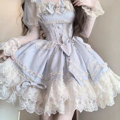 Hnewly Harajuku Sweet Bow Lace Cake Dress Women Japanese Kawaii Sleeveless Princess Ballet Dresses Aesthetic Elegant Y2k Slim Clothing
