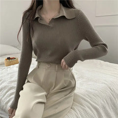 Hnewly FALL OUTFITS Knitted T Shirts For Women Clothes Streetwear High Quality Clothing Womens Polo Neck Tee Shirt Aesthetic Hot Top Vintage Striped