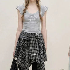 Lunivop French Streetwear V Neck Ruffle Fly Sleeve Base T Shirts Fashion Spliced Lace Bow Appliques Design Solid Top Y2k Punk Clothes
