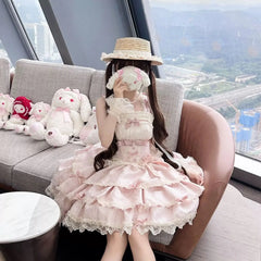 Hnewly Silver Moon Kawaii Lolita Ballet Style JSK Mini Dress Women Daily Sweet Pink Bow Lace Sling Princess Doll Dresses Y2k Vestidos