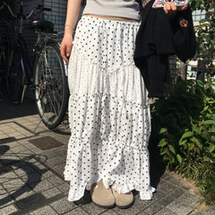 Hnewly Fashion Polka Dot Print Women Causal Long Skirts Ruffly Ruched Spliced Sweet Simple Summer New Chic Skirts