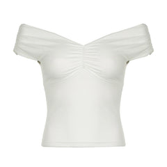 Hnewly V-Neck White Skinny Summer T shirt Women Folds Basic Off Shoulder Top All-Match Solid Casual Streetwear Tee Clothing