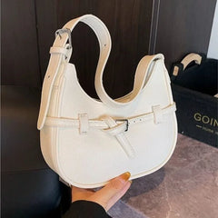 Hnewly Korean White Belt Design Underarm Bag Women Leather Large Capacity Half Moon Shoulder Bag Ladies Fashion High End Crossbody Bags