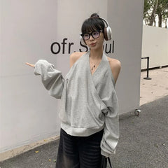 Hnewly Casual Off Shoulder Sweatshirts Women Sexy Korean Style Loose Pullovers Harajuku Y2k Fashion Long Sleeve Sweatshirts