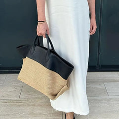 Hnewly Summer Straw Shoulder Women Large Capacity Rattan Handle Splicing Color Beach Bag Genuine Leather Tote Bags For Women