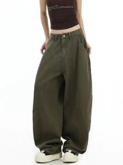 Hnewly Y2K American Retro Cargo Jeans Women High Waist Streetwear Loose Wide Leg Denim Pants Bf Hip Hop All Match Straight Pants New