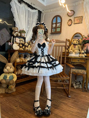 Hnewly Lolita Original Sweet JSK Dress Women Summer Elegant Bow Dot Printed Short Suspender Dress