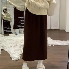 Hnewly Elastic High Waist A-Line Skirts Women Autumn Winter Loose Ribbed Knitted Skirts for Woman Casual Solid Color Sweater Skirt Lady
