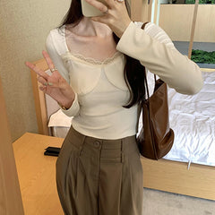 Hnewly spring birthday outfit y2k Fairycore Top Women Fashion Clothes Lace Trim V Neck Long Sleeve Ribbed T Shirt 2000s Coquette Clothing Streetwear