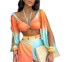 Hnewly Summer Women's Stylish Casual Set Tie-Dye Pattern with Long Sleeve Halter Top and and Shorts Cutout Detail Suitable for Vacation